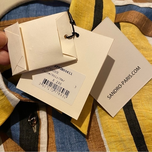 NWT~SANDRO Women Bronx Striped Linen Blend Button Short Sleeve Top Size 3(L) - Picture 9 of 15